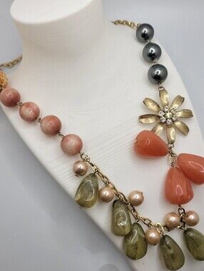 Gold Tone Flower Multicolor Beaded Statement Necklace